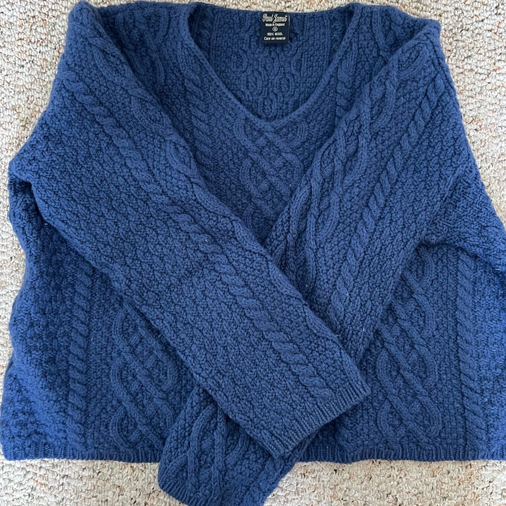 Paul James 100% XL wool dark blue cable knit sweater
